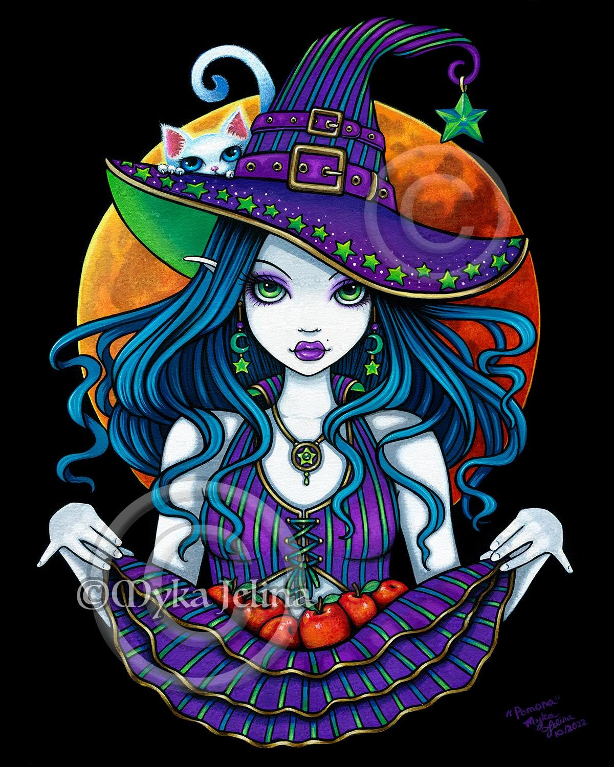 Pomona Signed Prints Halloween Witch Cat Apples Blood Moon Art