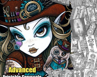 Set 4 - ADVANCED Grayscale Printable Coloring Pages - Steampunk Beauties - Myka Jelina - Fairy Coloring Book - Coloring Pages - Instant