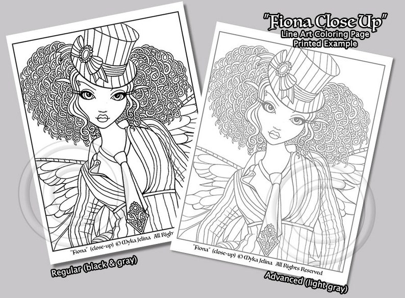 Single Coloring Page Digital Download Line Art Fiona Close Up Myka Jelina Art Steampunk Top Hat Curly Hair Fairy image 2