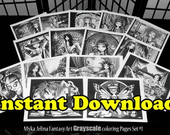 Grayscale Coloring Master Pack 222 Pages Instant Download Fairy Angel Gothic Scifi Animals Witches Mermaids Bohemian Myka Jelina Fantasy Art
