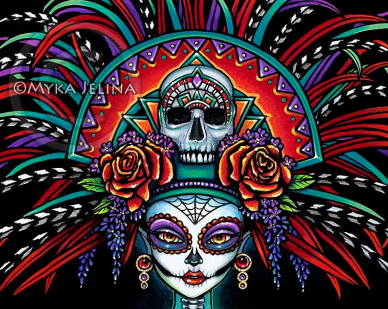 Beautiful Bones Signed Print Dia De Muertos Festival Mictecacihuatl Sugar Skull Calaca Day of the Dead Headdress