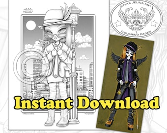 Minikin Charlie Grayscale - Instant Download - Coloring Page - Hipster Angel - City Girl - Fidora