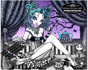 Makayla - Tea Party - Grayscale - Digital Download - Coloring Page - Gothic Fairy - Ragdoll - Myka Jelina Art