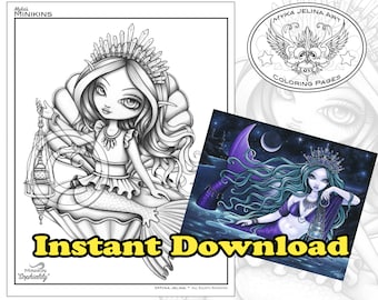 Minikin Meridia Grayscale - Instant Download - Coloring Page - Mermaid - Child Fae - Children Art - Big Eyed Fairy - Princess