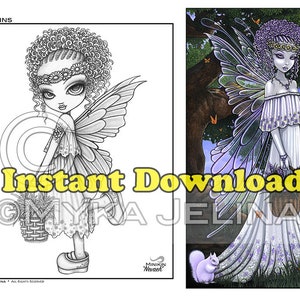 Minikin Nevaeh Grayscale - Instant Download - Coloring Page - Lavender Fairy - Flower Child - Children Art - Big Eyed Fairy - Curly Hair