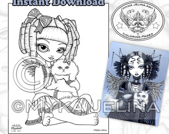 May include: Black and white line art coloring page featuring a girl with a cat. The girl has large eyes, a bow in her hair, and angel wings. The cat is sitting on her lap. The image is titled "Minikin Elizabeth Line Art" and is part of a collection of coloring pages by Myka Jelina Art.