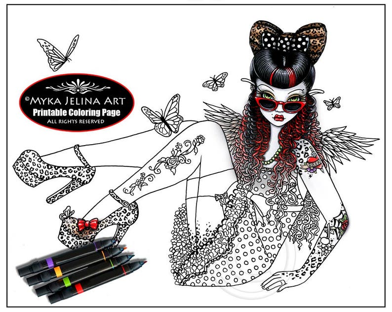 Toni Rockabilly Angel Digital Download Coloring Page Myka Jelina Line Art Rose Tattoo Butterflies Polka dots image 1