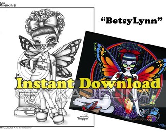 Minikin BetsyLynn Grayscale - Instant Download - Coloring Page - Rock A Billy - Retro Fairy - Child Fae - Big Eyed Fairy