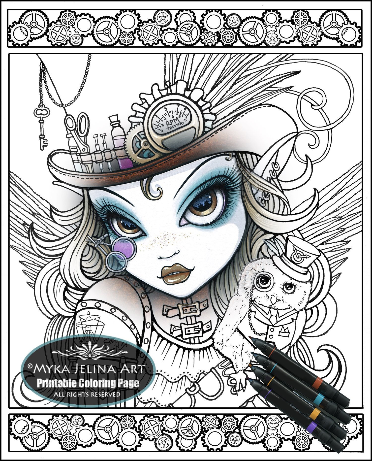 Steampunk Fairy Owl Coloring Page: Gothic Couture Art (Digital Download)