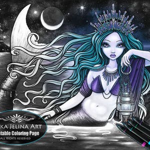 Meridia Grayscale Digital Download Coloring Page Mermaid Myka Jelina Art Siren Seascape image 1