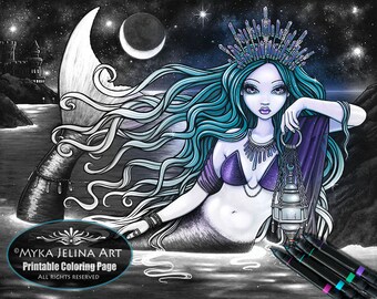 Meridia - Grayscale - Digital Download - Coloring Page - Mermaid - Myka Jelina Art - Siren - Seascape