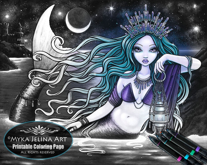 Meridia Grayscale Digital Download Coloring Page Mermaid Myka Jelina Art Siren Seascape image 1