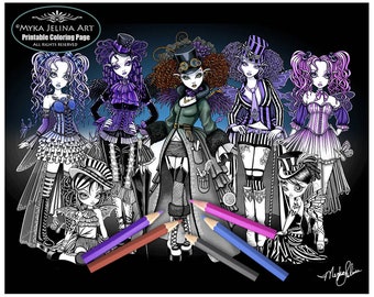 The Fairies Couture Caravan - Grayscale - Digital Download - Coloring Page - Myka Jelina Art - Gothic Angels - Cute Fairy