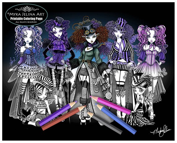Gothic Couture Fairies Coloring Page: Grayscale Fantasy Art (Digital Download)