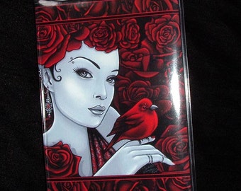 Scarlet Red Roses Bird Fairy Vinyl Business Card Holder