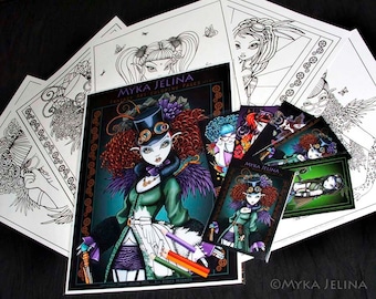 Set 3 - Printed Coloring Pages - Myka Jelina - Fantasy Art - Coloring Pack - Steampunk - Rockabilly - Fairy Art - Line Work - Loose Leaf