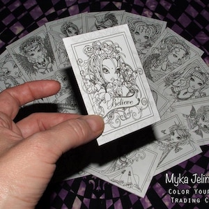 Set 1 - 15 2.5"x3.5" Cards - Coloring Pages Trading Card Prints Myka Jelina Fairy Angel Big Eyed Fantasy Art Meditation ATC