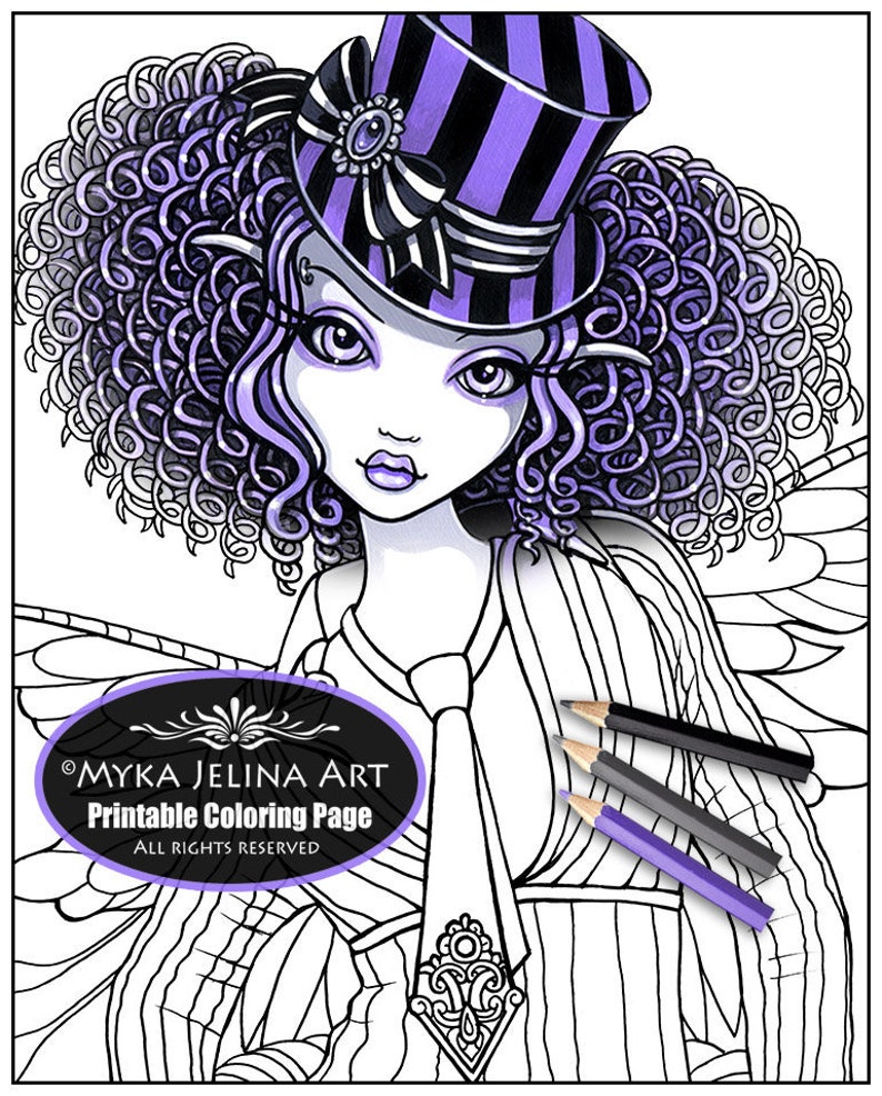 Single Coloring Page Digital Download Line Art Fiona Close Up Myka Jelina Art Steampunk Top Hat Curly Hair Fairy image 1
