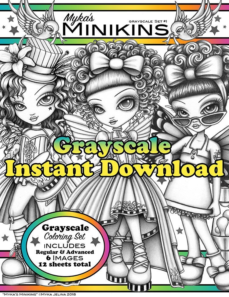Set 1 Mykas Minikins Grayscale Premium Loose Leaf Coloring Book Printed Coloring  Set Child Fairies Big Eyed Fairy 