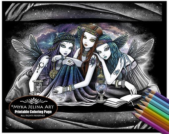 The Seraphina - Grayscale - Digital Download - Coloring Page - Fairies - Myka Jelina Art - Celestial - Sisters - Fantasy Art  - Nebula Fairy