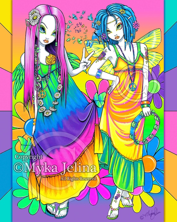 Purple fashion & the hippie drawings セット Rainbow Hippie Fairies Chloe Harmony Signed Prints Bright Bohemian
