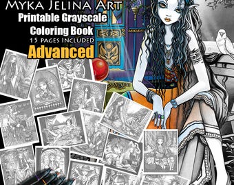 Set 1 - ADVANCED Grayscale Printable Coloring Pages - Bohemian Fantasy - Myka Jelina - Fairy Coloring Book - Coloring Pages - Instant