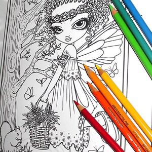 May include: A black and white line art coloring page featuring a fairy with curly hair, wings, and a basket of flowers. The fairy is wearing a dress with a floral pattern. The image includes the text "Myka's MINIKINS" and "MINIKIN Nevaeh".