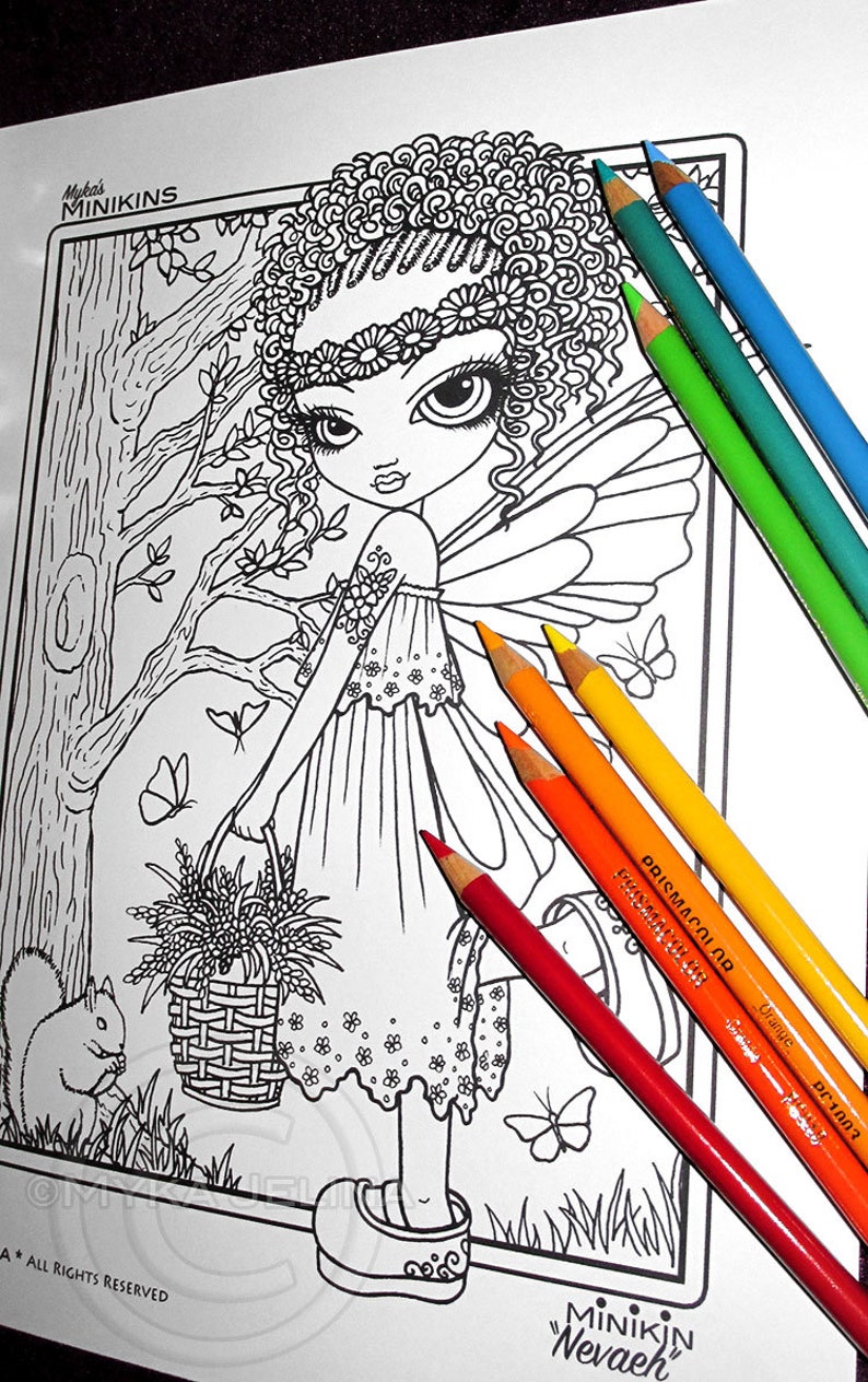 May include: A black and white line art coloring page featuring a fairy with curly hair, wings, and a basket of flowers. The fairy is wearing a dress with a floral pattern. The image includes the text "Myka's MINIKINS" and "MINIKIN Nevaeh".