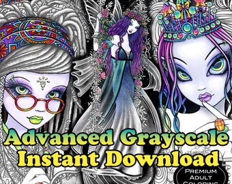 Set 13 - Advanced Grayscale Printable Coloring Set - Myka Jelina Art - Fairy Coloring - Fantasy Coloring Book - Download - Gothic - Angels