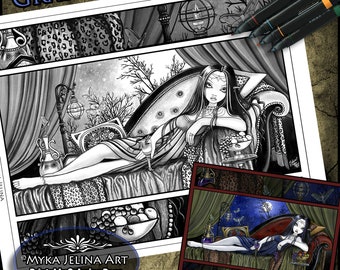 Fairy Moon Goddess Coloring Page: Selene Grayscale Art (Digital Download)