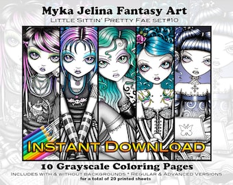 Grayscale Set 10 - Cute Fae - Printable Coloring Book - Myka Jelina Art - Fairy Coloring - Instant Download - Gothic Fairy - Sittin Pretty