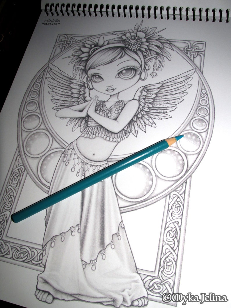 Myka's Minikins Bound Coloring Book 3 Autographed Artist Edition Big Eyed Child Fairy Line Art & Grayscale image 7