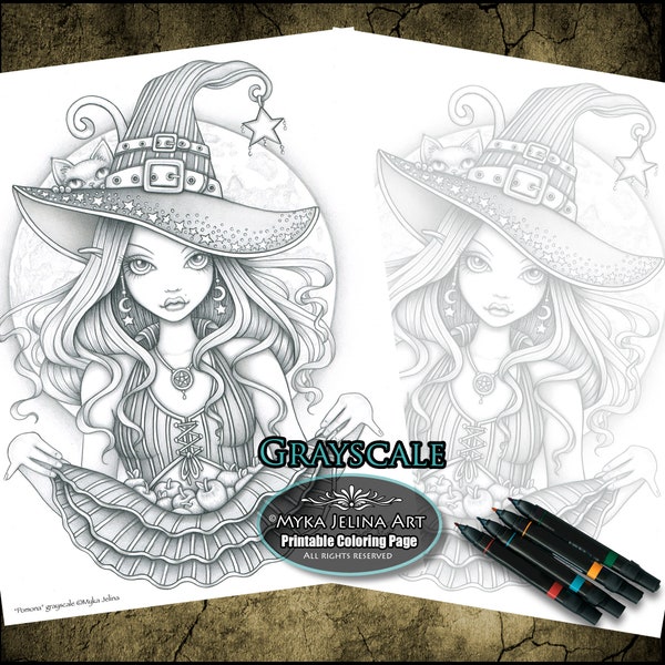Pomona Grayscale Digital Download Coloring Page Gothic Witch Halloween Apples Cat Harvest Moon Stars
