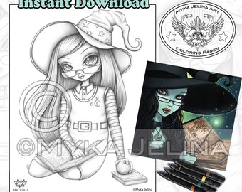 Minikin Twyla Grayscale - Instant Download - Coloring Page - Witch - Halloween - Children Art - Big Eyed Fairy