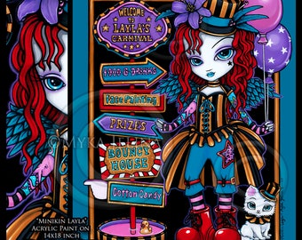 Minikin Layla Original Acrylic Painting 14"x18" Carnival Steampunk Circus Birthday Party Big Eyed Fairy Child Art