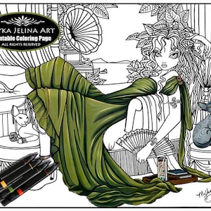 Serena - Zigeunerin - Fantasy-Kunst - digitale Download - Färbung Seite - Linie Kunst - Myka Jelina - Sphynx-Katzen - Zen-Kunst