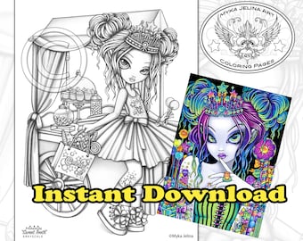 Minikin Sweet Tooth Grayscale - Instant Download - Coloring Page - Candy Fairy - Birthday Girl - Children Art - Big Eyed Fairy - Princess