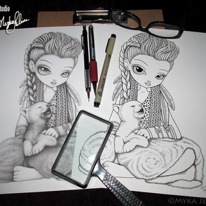 Myka's Minikins Bound Coloring Book 3 Autographed Artist Edition Big Eyed Child Fairy Line Art & Grayscale image 3