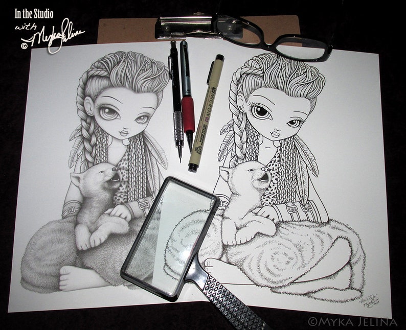 Myka's Minikins Bound Coloring Book 3 Autographed Artist Edition Big Eyed Child Fairy Line Art & Grayscale image 3