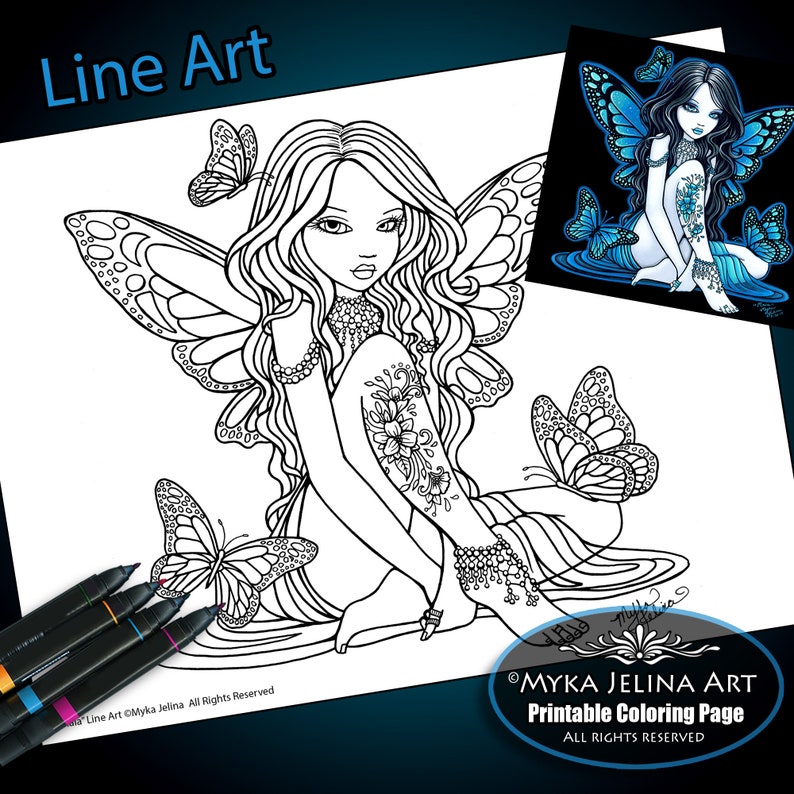 Maia Line Art Digital Download Coloring Page Myka Jelina Art Flower Tattoo Butterfly Fairy image 1
