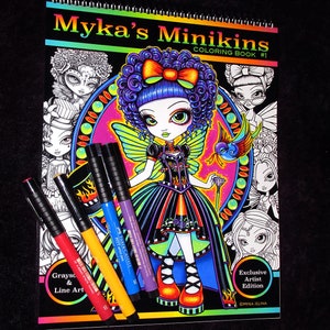 Myka's Minikins Bound Coloring Book #1 Autographed Artist Edition Big Eyed Child Fairy Line Art & Grayscale