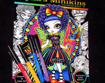 Myka's Minikins Bound Coloring Book #1 Autographed Artist Edition Big Eyed Child Fairy Line Art & Grayscale