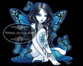 Maia LTD Canvas Print Blue Butterfly Gothic Flower Tattoo Fairy Limited Edition Embellished Signed Myka Jelina