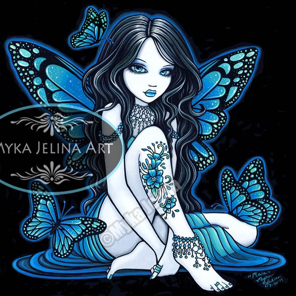 thumbnail image 2 of Myka Jelina Art Signed PAIGE Crescent Moon Fairy Art Print – Gothic Rainbow Tattoo Style 2 of 3