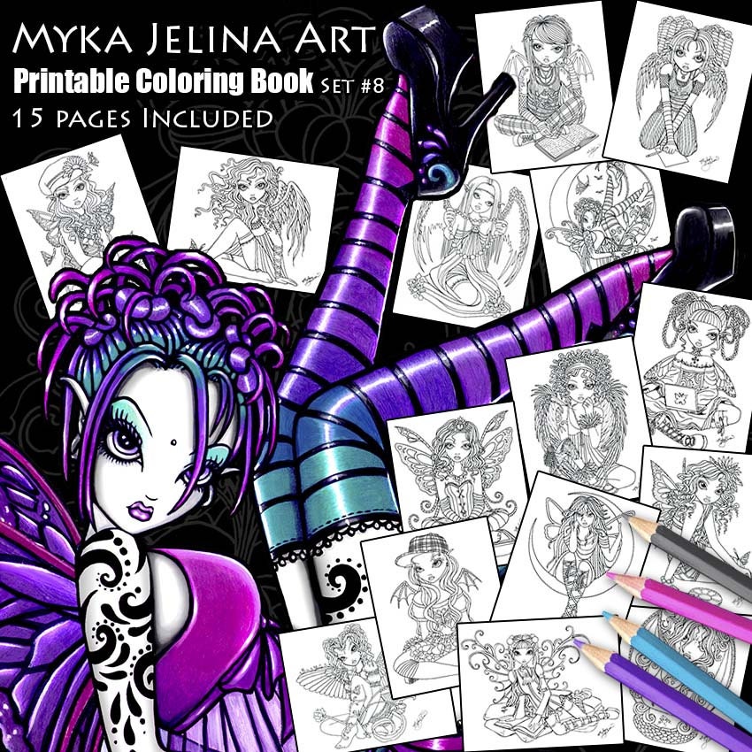 Set 8 - Printable Coloring Book - Myka Jelina Art - Fairy Coloring