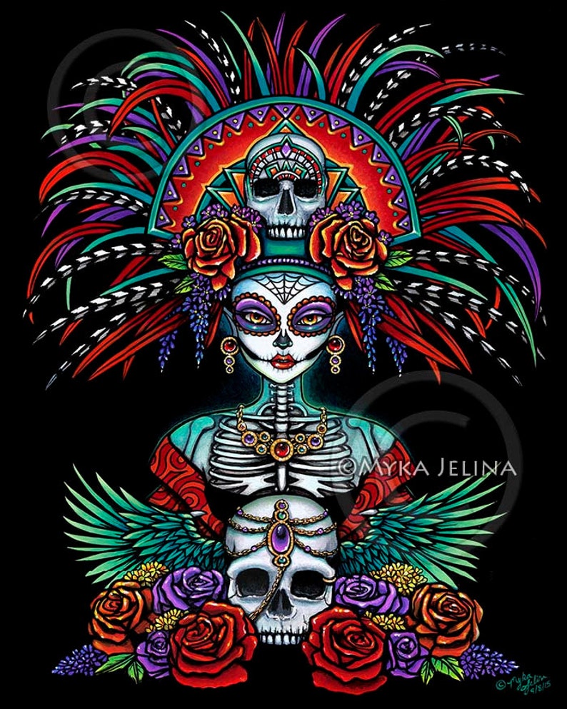 Beautiful Bones Signed Print Dia De Muertos Festival Mictecacihuatl Sugar Skull Calaca Day of the Dead Headdress