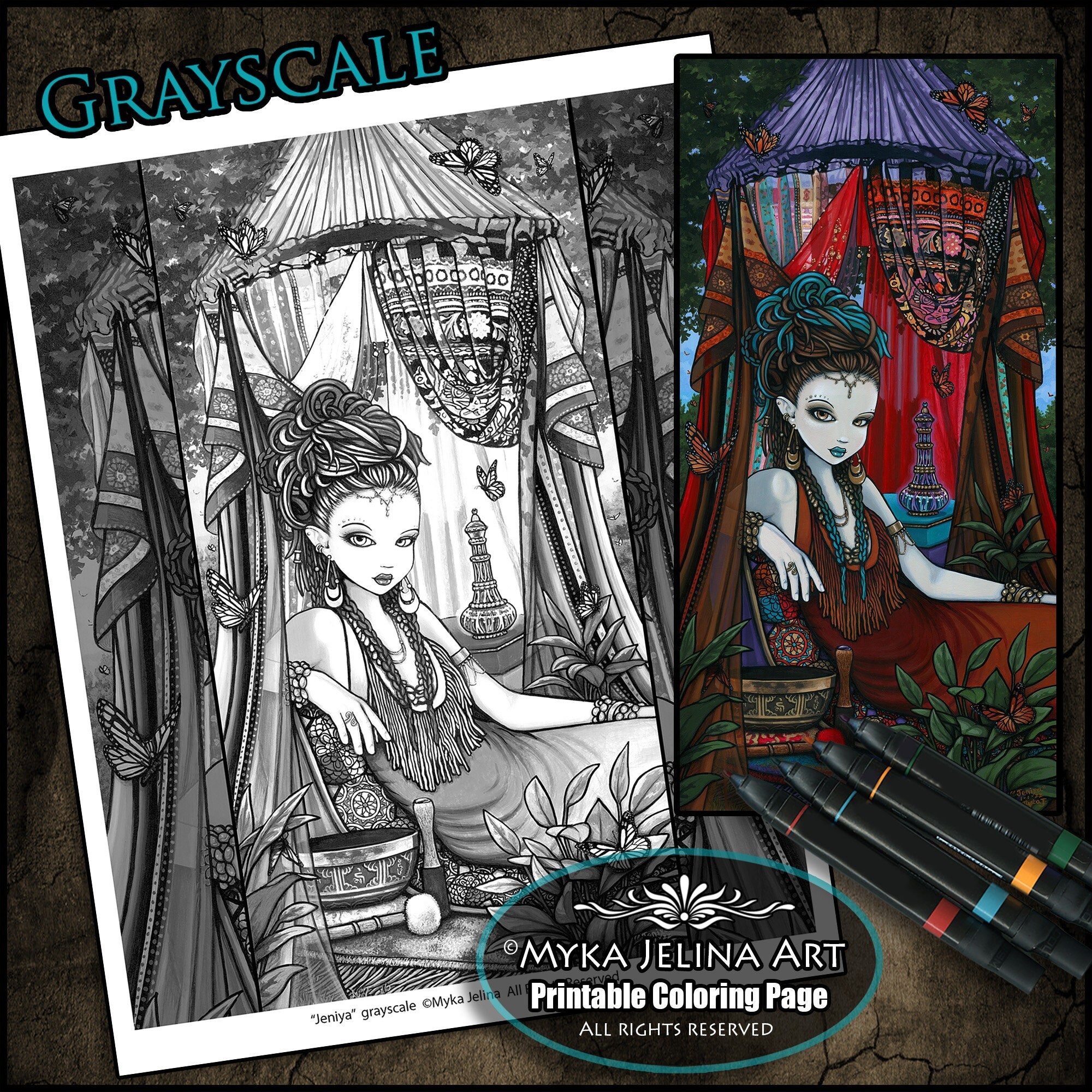 Boho Tent Genie Bottle Monarch Butterflies Jeniya Grayscale Digital Download Coloring Page Tribal Fusion Myka Jelina Art