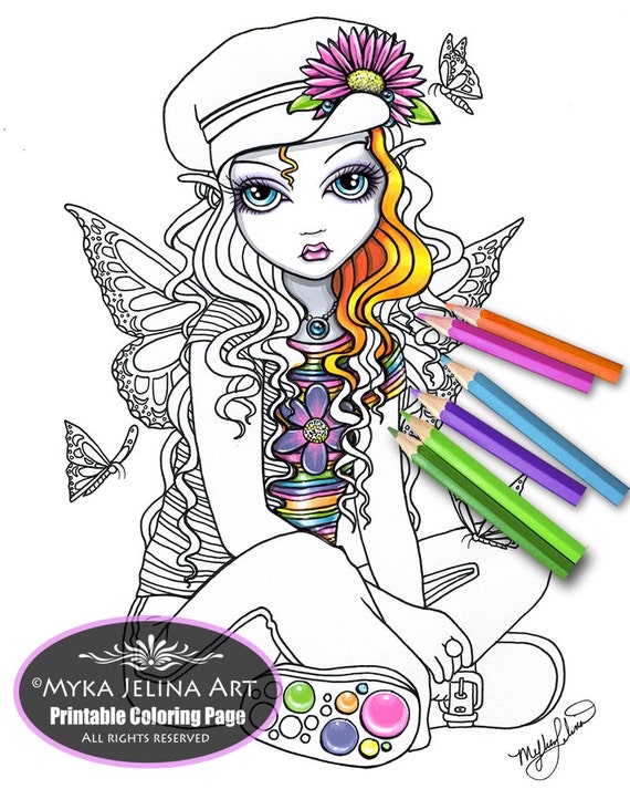 Sunny Fairy Digital Download Coloring Page Line Art Myka Jelina Art Butterfly Rainbow Cutie Flower Child