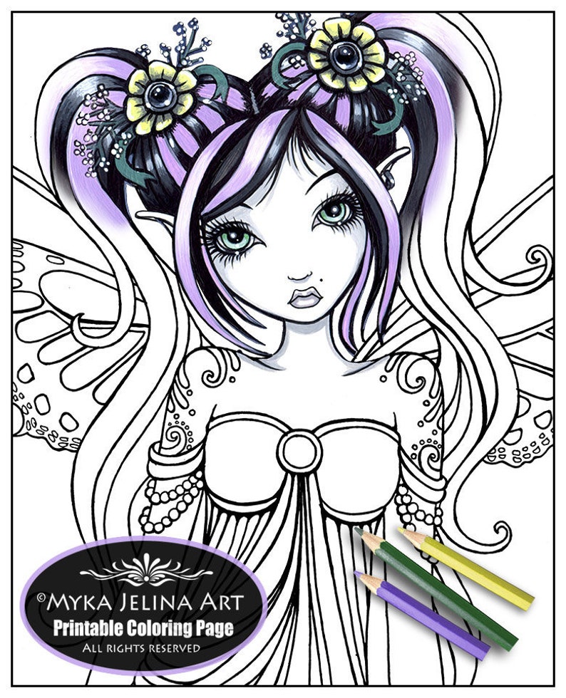 Single Coloring Page Digital Download Line Art Cassandra Close Up Myka Jelina Art Butterfly Fairy Cute Tattoo Pigtail Fae image 1