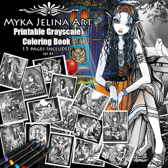 Set 1 - Grayscale Printable Coloring Pages - Myka Jelina Art